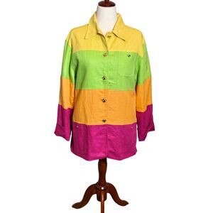 Vintage ESKA jacket rainbow color blocked 100% linen lined pockets button Sz 10